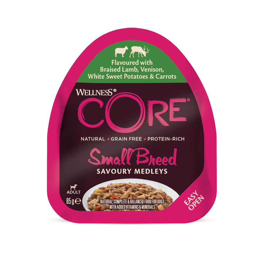 Ração para cães Wellness Core para raças pequenas, sem grãos, com carne de cordeiro e veado, 85g (pote).