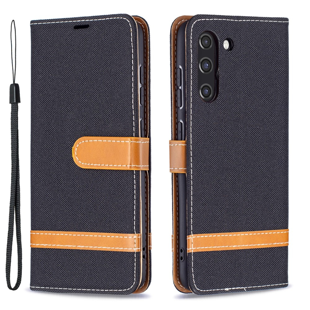 Samsung Galaxy S21 FE 5G Stoff Tasche im Jeans Look mit Kartenfach   Magnetverschluss - Schwarz / Braun