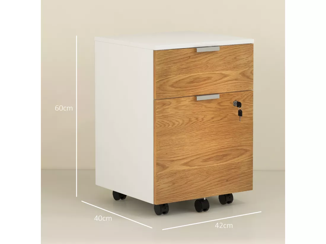 Caisson de bureau rangement bureau sur roulettes - tiroir coulissant, tiroir dossiers suspendus - blanc aspect chêne moyen
