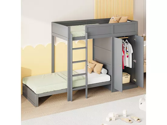 Lit superposé pour enfants 90*200 cm, avec marches de sécurité verticales, armoire, design high fence, gris