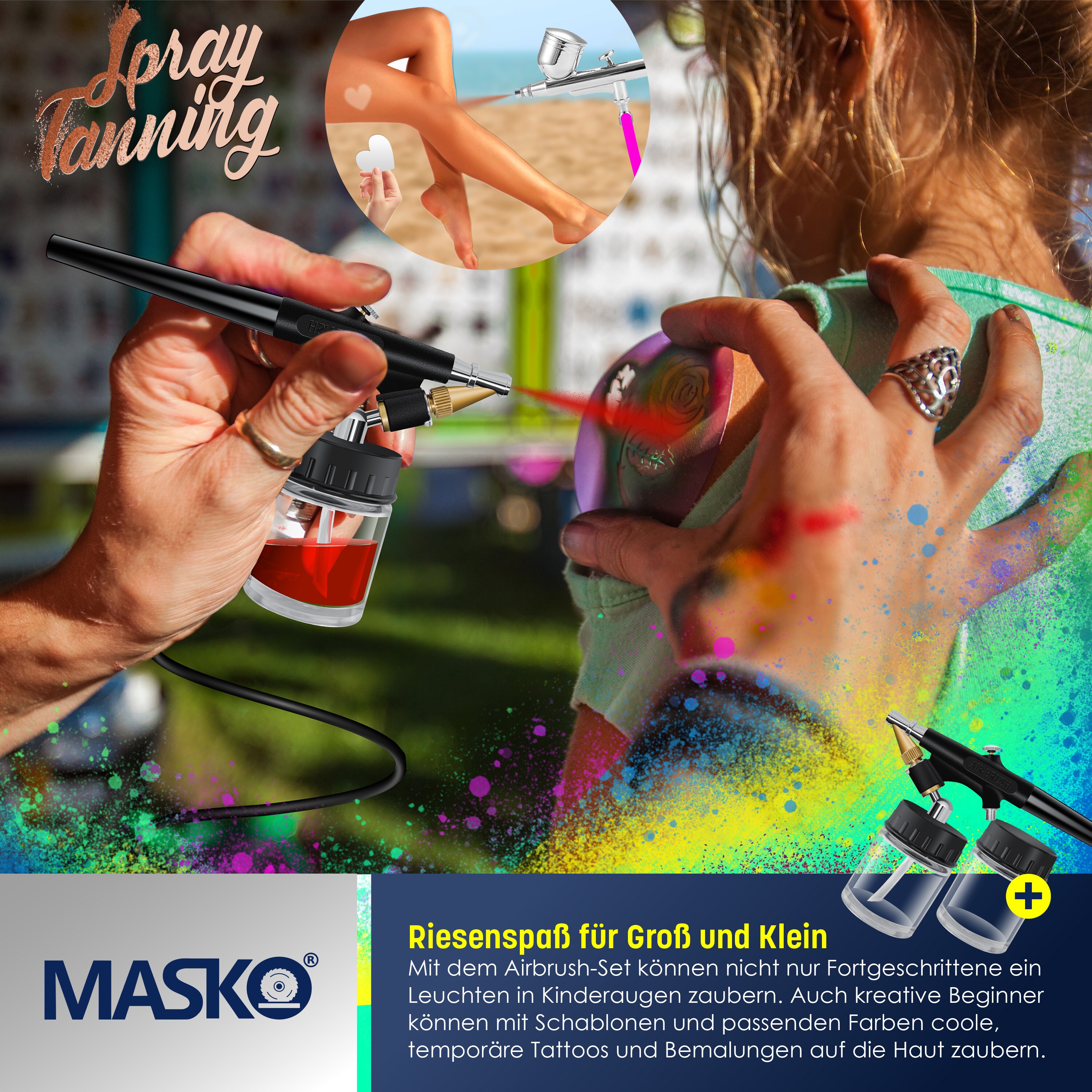 MASKO® Airbrush-Set mit Kompressor 4 bar inkl. Airbrush-Pistolen | Lackierpistole Komplett-Set Tattoo Kunst Malerei | Nadeln & Düsen im Zubehör | Multifunktions Dual-Set mit Manomter & Luftfilter