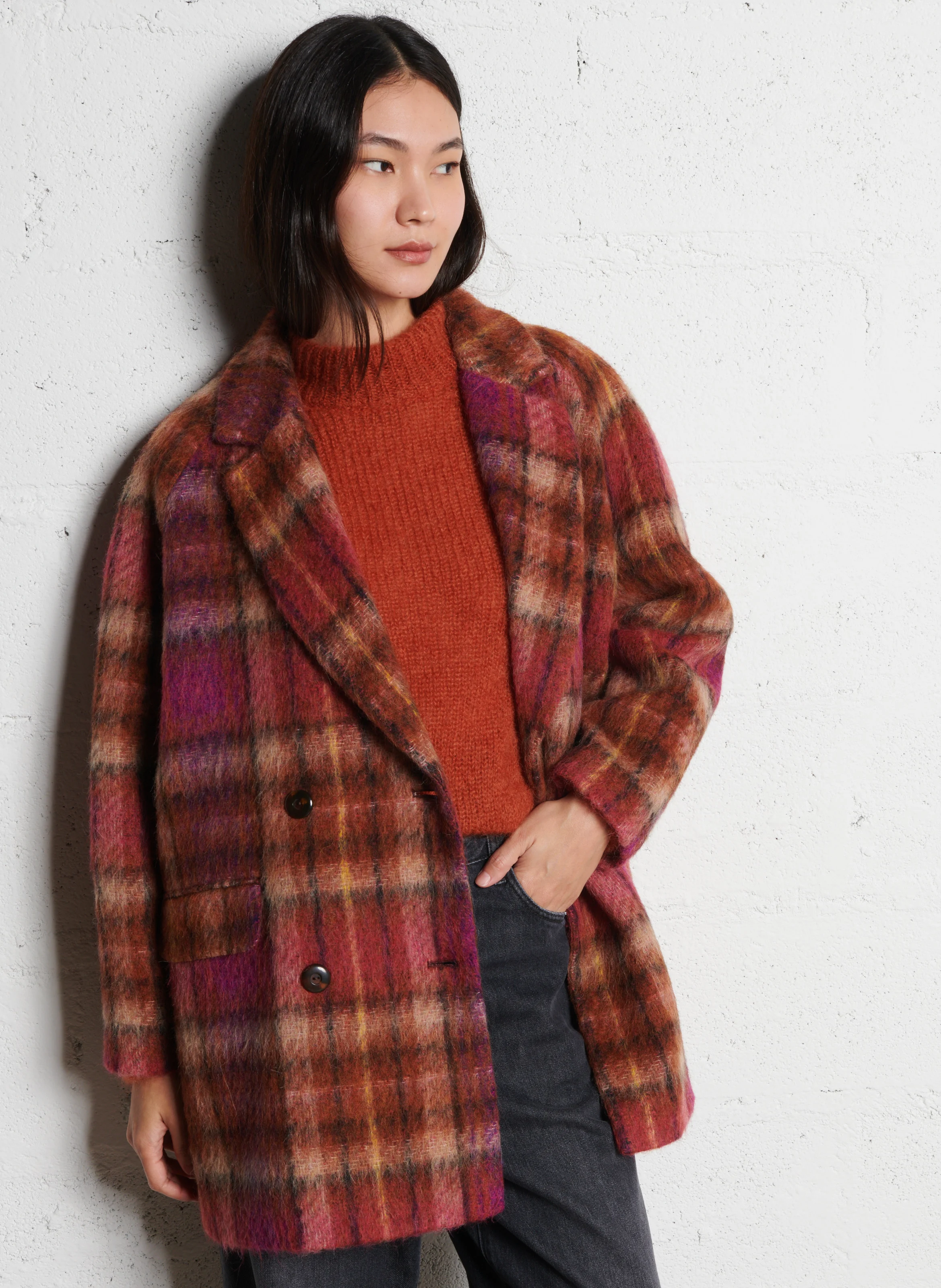 YBIZA - Manteau col tailleur ample en laine mélangée à carreaux | Rose