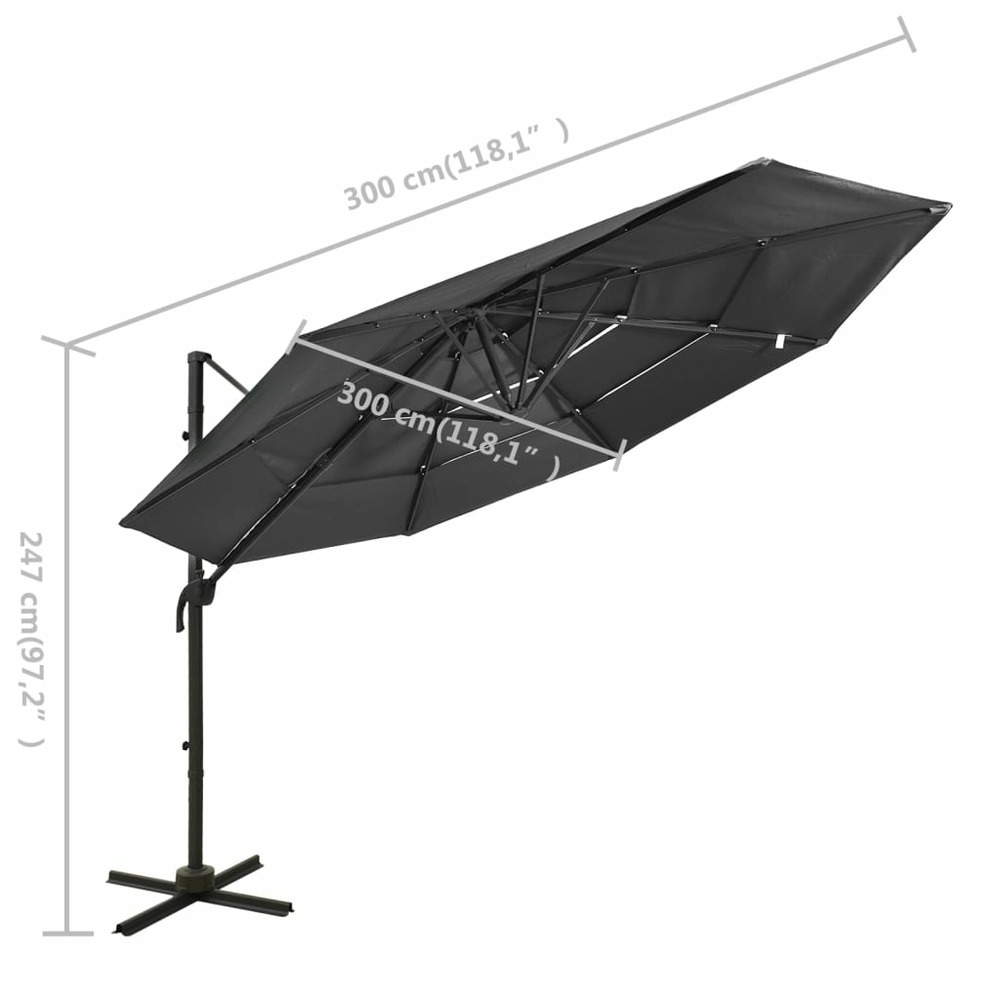 Parasol mobilier de jardin à 4 niveaux avec mât en aluminium 3 x 3 m anthracite