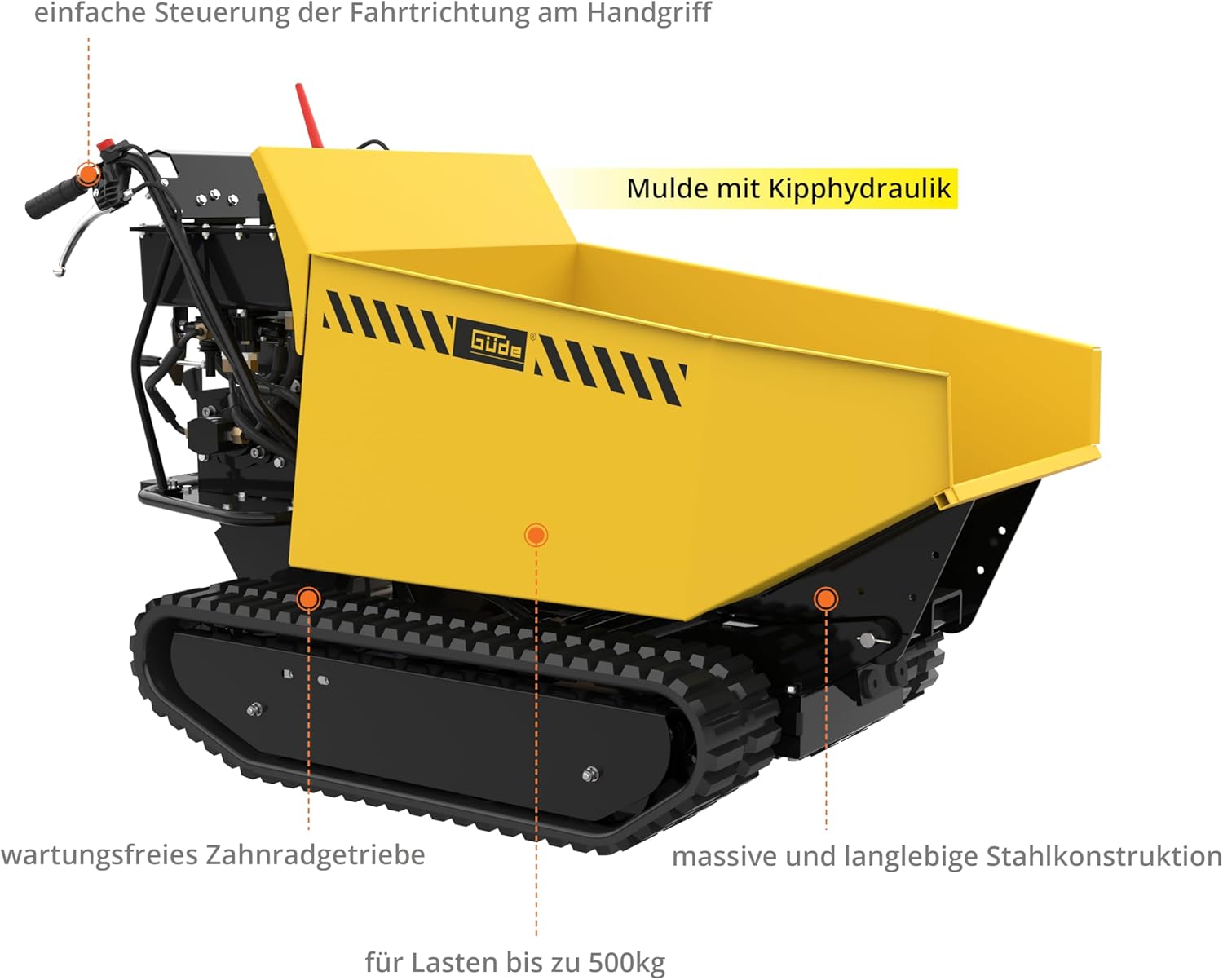 Güde Raupendumper GRD 500/R (4-Takt-Motor, 196 cm³ Hubr., 4,1/5,6 (kW/PS), Vorwärtsgeschw. 3,47 km/h, max. Zuladung 500 kg, 230 l Mulde mit Kipphydraulik, wartungsfr. Zahnradgetr., Handgriffstrg.)