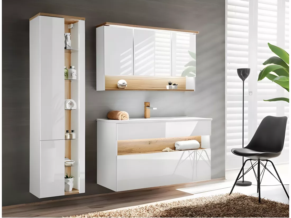 Meuble vasque Salle de bain+ 2 Lavabos 120x46x68cm BAHAMA BLANC 854 moderne de haute qualité