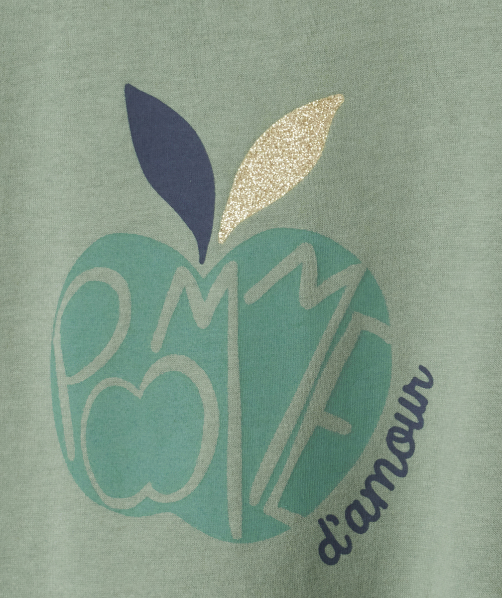 T-SHIRT BÉBÉ FILLE EN COTON BIOLOGIQUE VERT AVEC POMME IMPRIMÉ