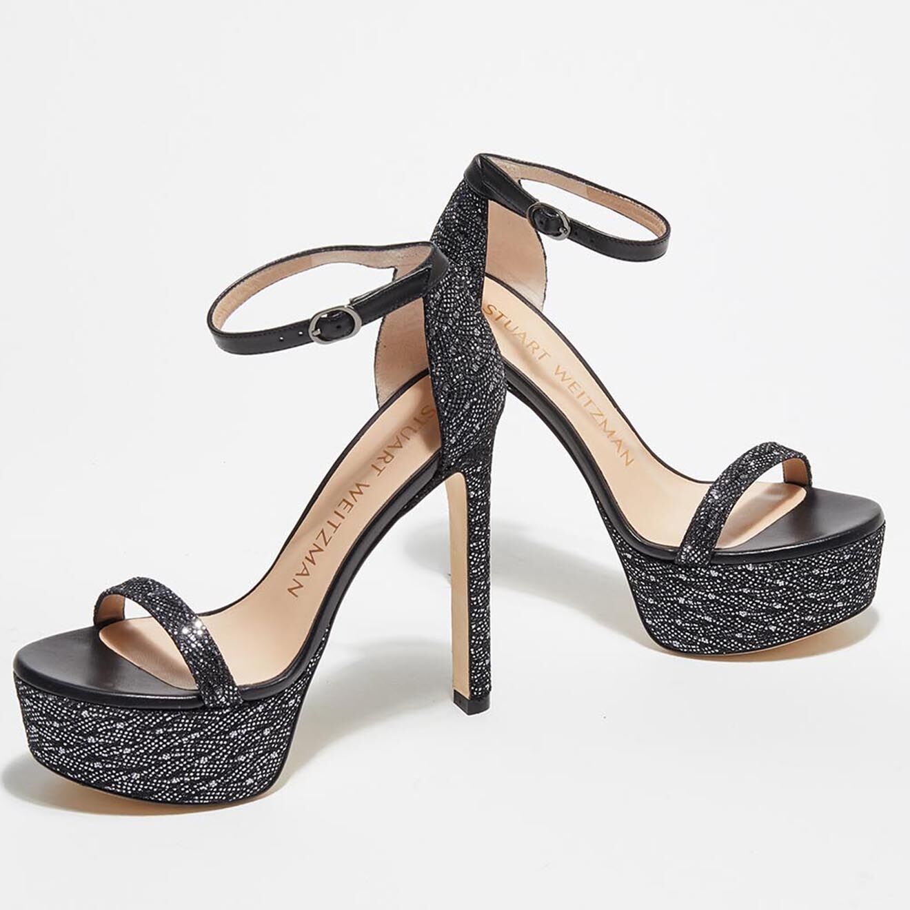 Stuart Weitzman Sandales Nudist Hollywood pailletées noir/argenté - Talon 14,5 cm