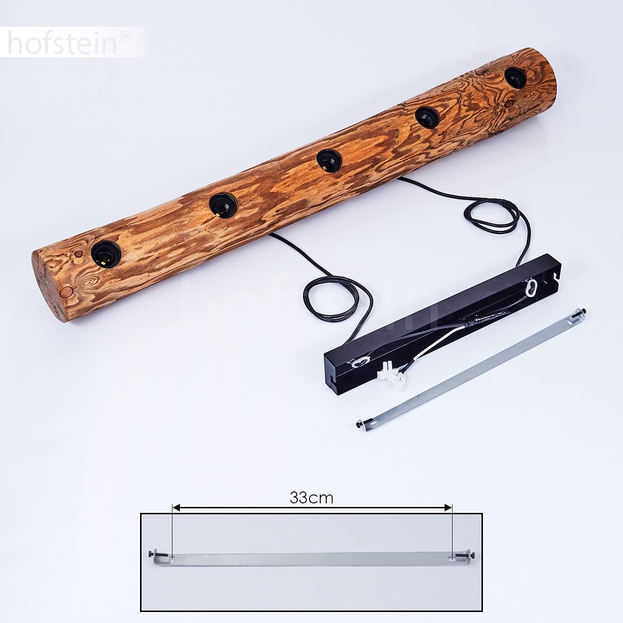 HOFSTEIN Hängeleuchte Canedo, 5-flammige Hängelampe aus Metall/Holz in Schwarz/Natur im skandinavischen Design, Pendelleuchte m. Holzstab u. Fassungen aus Metall, 5 x E27, ohne Leuchtmittel