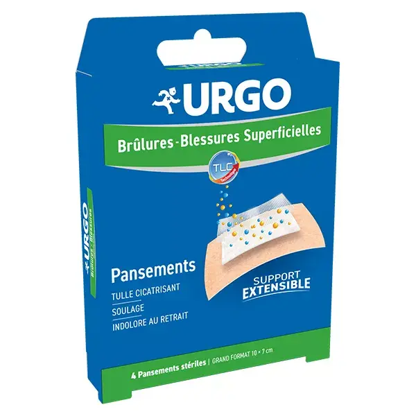 Curativo estéril Urgo First Aid para queimaduras e feridas superficiais, 10 x 7 cm, 4 unidades.