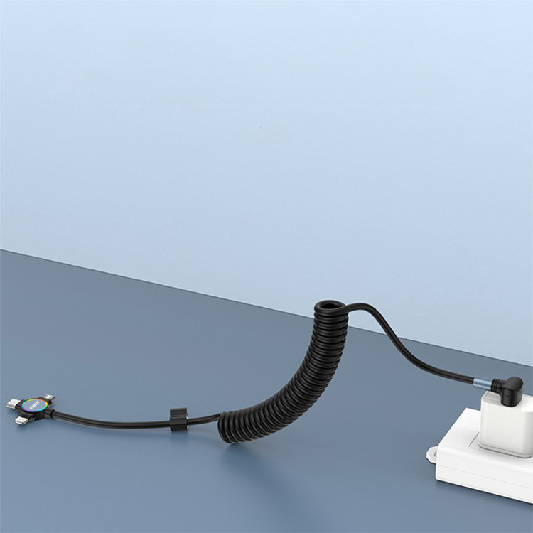 (bis 1.5m) 66W 3in1 USB A auf USB C / Lightning / Micro USB 90 Grad Winkel Spiral Ladekabel Flexibles Datenkabel - Schwarz