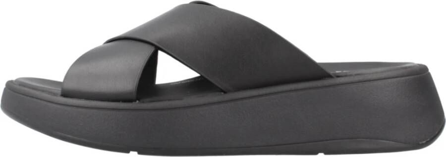 FitFlop F-Mode Leather Flatform Cross Slides ZWART