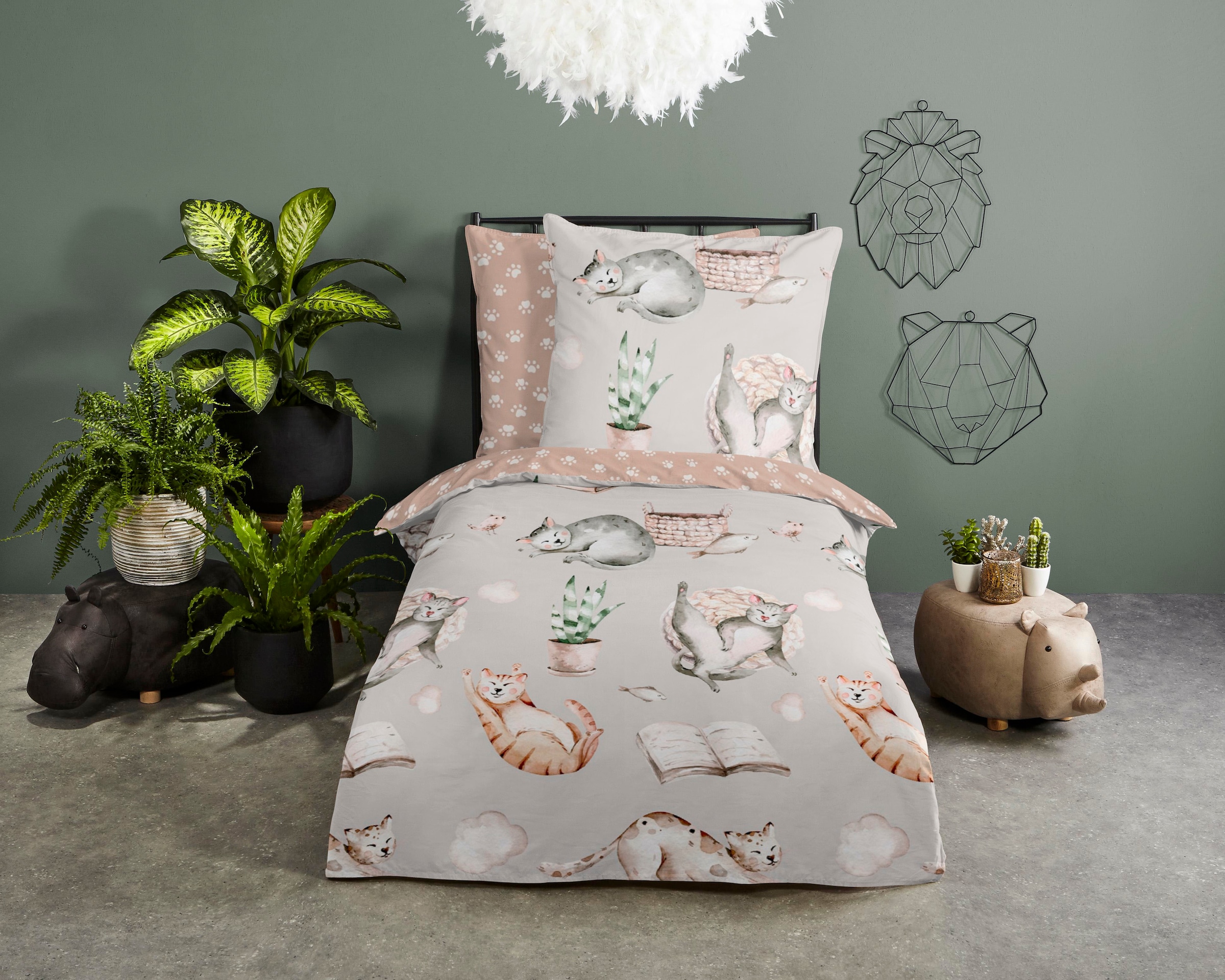 good morning Kinderbettwäsche »Catlife« 2 Stk. tlg. Baumwolle, 135x200, Reissverschluss, Wendeoptik, Kind, Katze, Grau