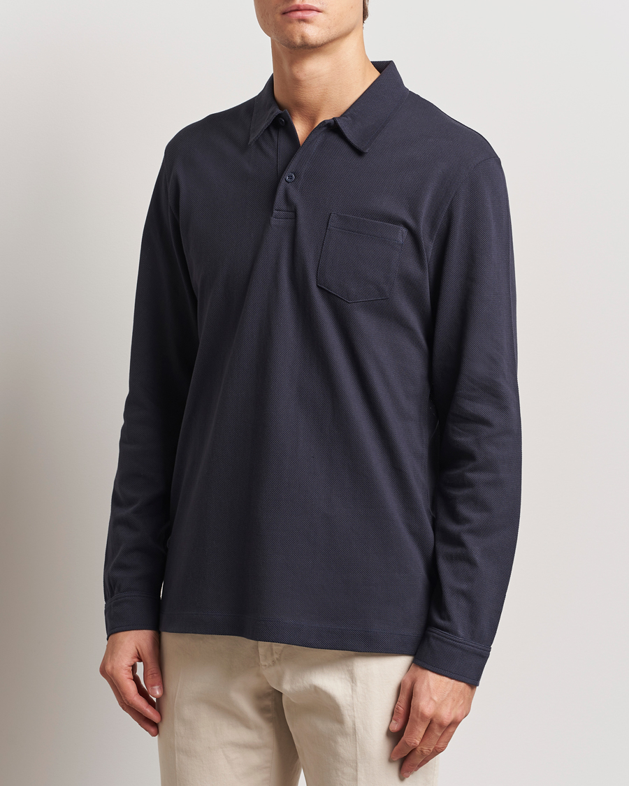 Sunspel Long Sleeve Riviera Polo Shirt Navy