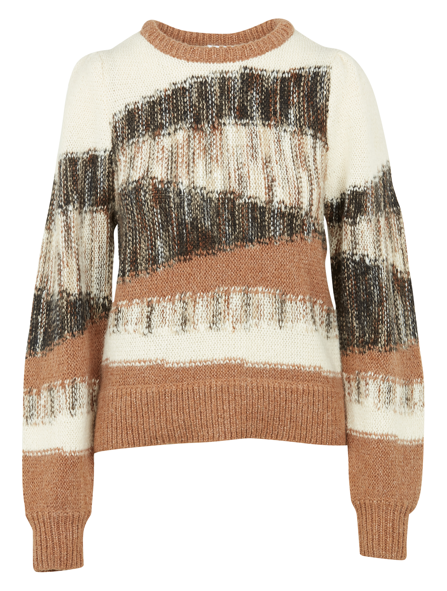 Pull col rond jacquard en maille mélangée| Marron