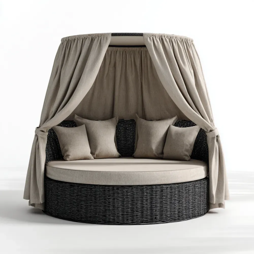 Rundliege Rattan mit Baldachin Polyester/Natur/Schwarz