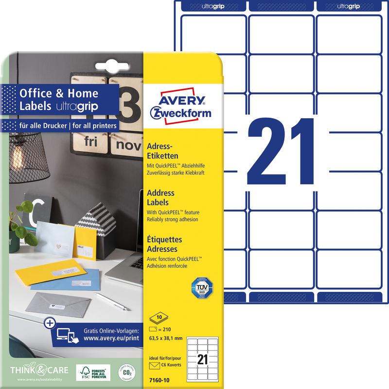 Avery Zweckform Etiketten, 7160-10, 63.5 x 38.1 mm, 10 Blatt