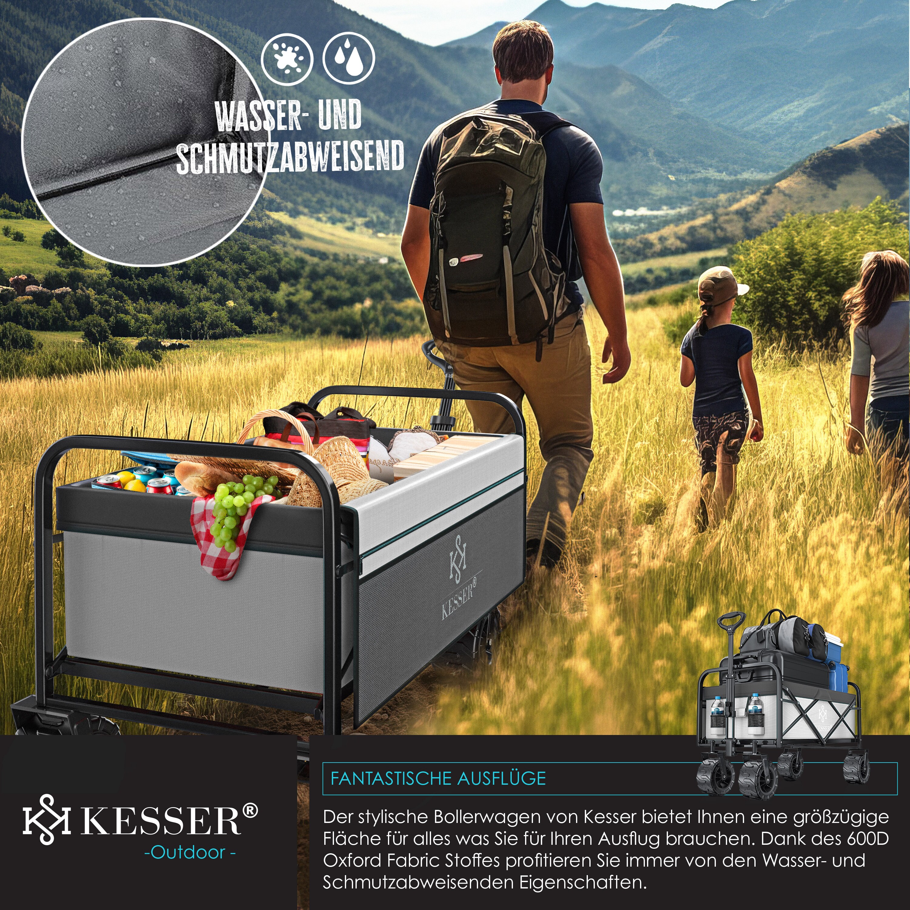 KESSER® Bollerwagen faltbar mit Breite Reifen Handwagen Transportkarre Gerätewagen | inkl. 2 Netztaschen | klappbar | Kunststoff-Reifen | bis 120 kg Tragkraft transportwagen Gartenanhänger