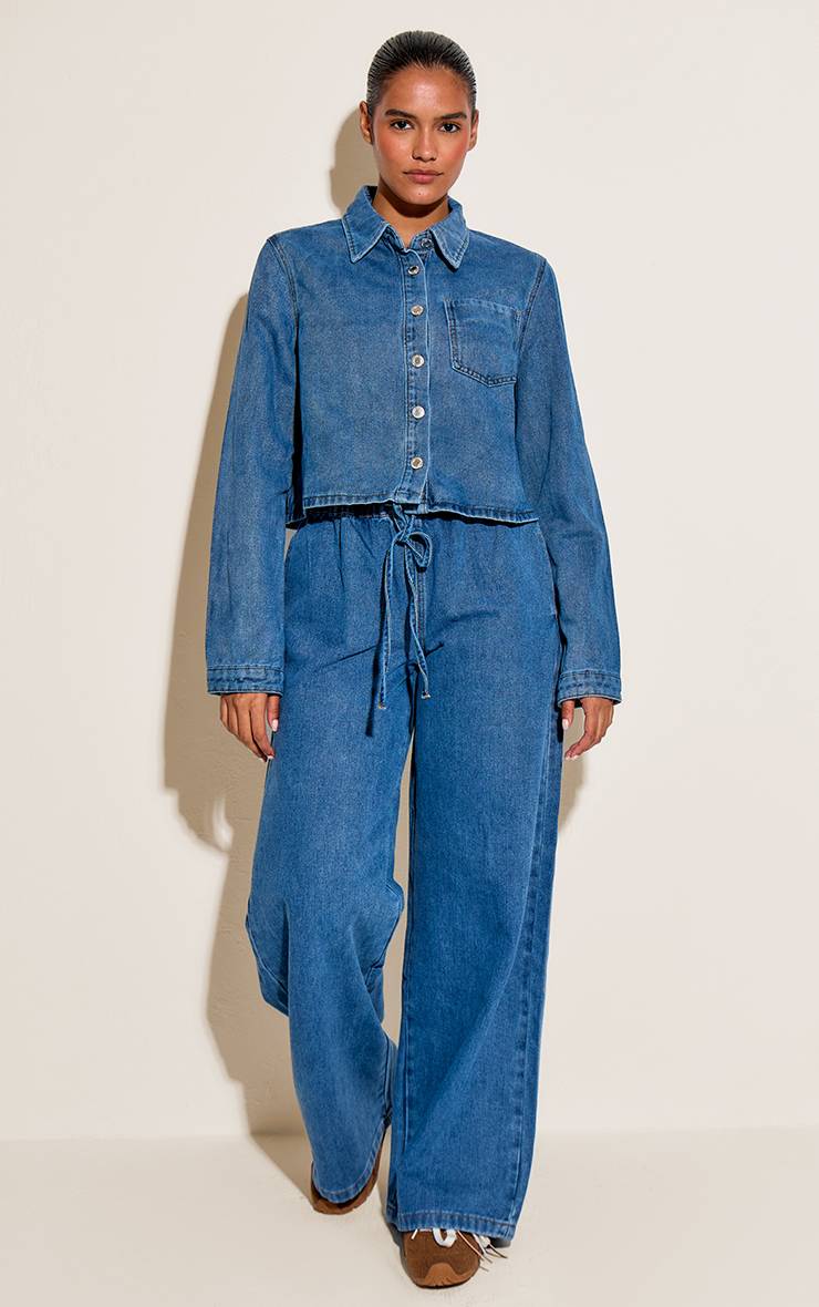 Mid Blue Wash Chemise En Jean Décontractée À Manches Longues Et Coupe Courte
