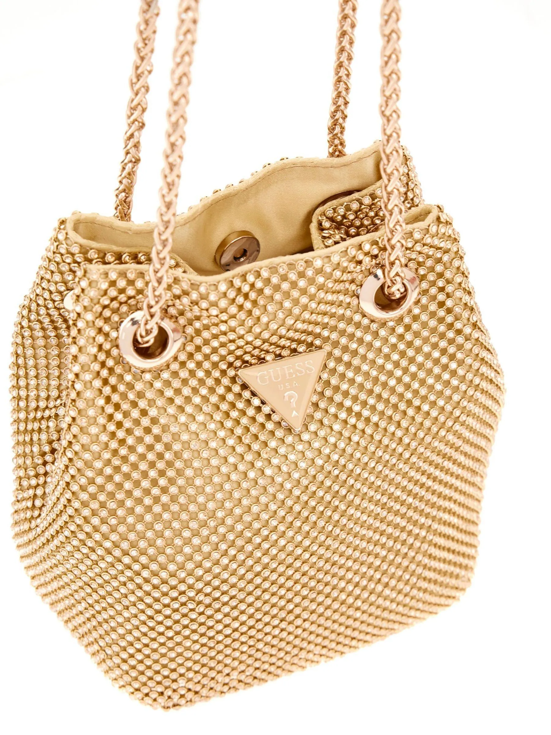 Goud - Guess Zalina Rhinestone Embellished Pouch Bucket Bag