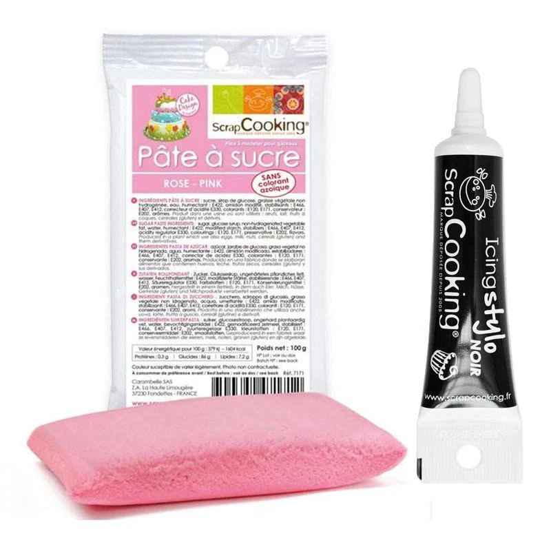 Pâte à sucre rose 100 g + Stylo de glaçage noir Scrapcooking
