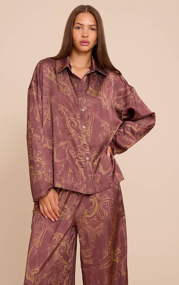 Marron Ensemble Coordonné Chemise En Satin Imprimé Cachemire