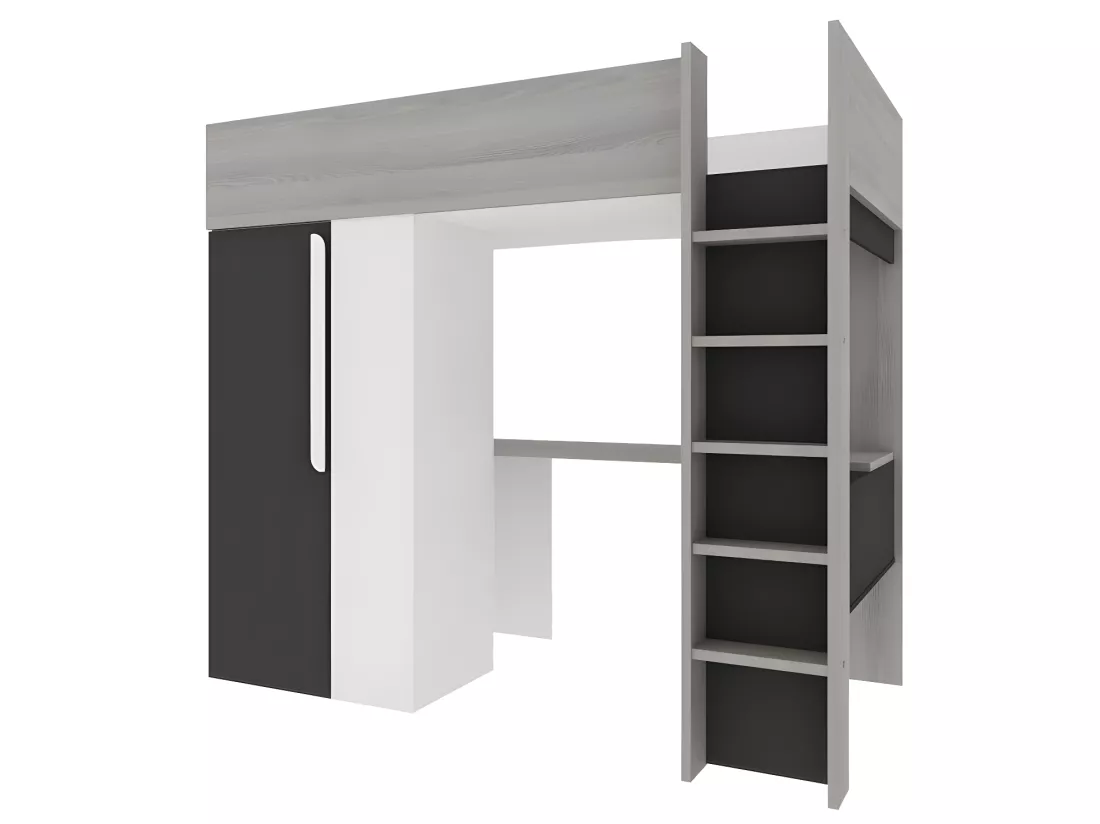 Lit mezzanine 90 x 200 cm avec armoire et bureau - Anthracite et blanc + matelas - NICOLAS II