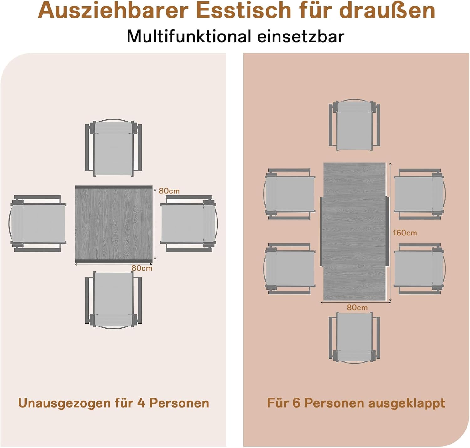 Devoko Aluminium Ausziehbarer Gartentisch, Wetterfest 80-160x80x75cm Outdoor Esstisch für 4-6 Personen mit Sonnenschutz, Leicht zu Reinigen, Dunkelgrau