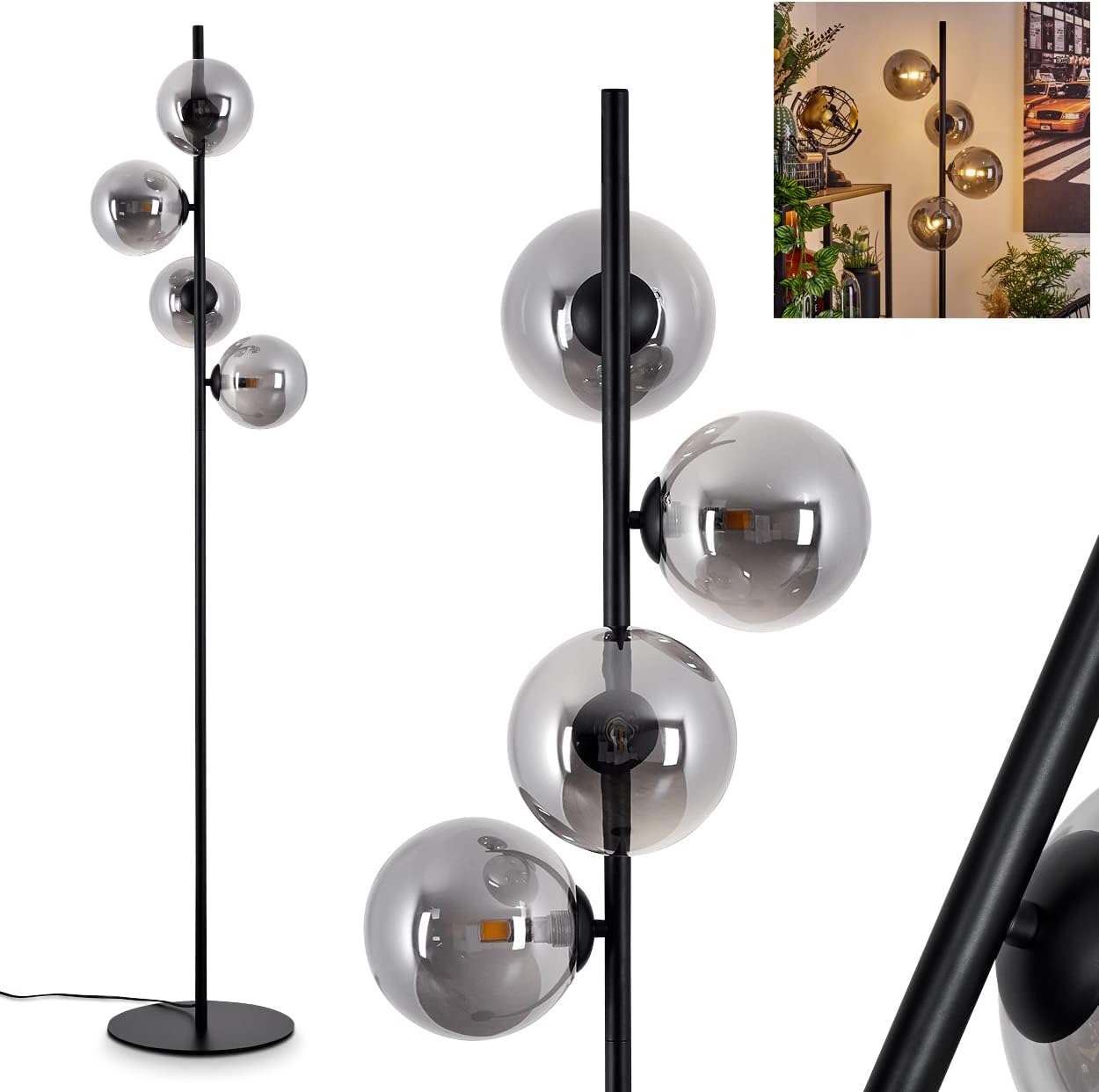 Stehleuchte Remaisnil, moderne Stehlampe aus Metall/Glas in Schwarz/Rauchfarben, moderne Bodenlampe im Retro/Vintage-Design mit Fußschalter am Kabel, 4-flammig, 4 x G9, ohne Leuchtmittel