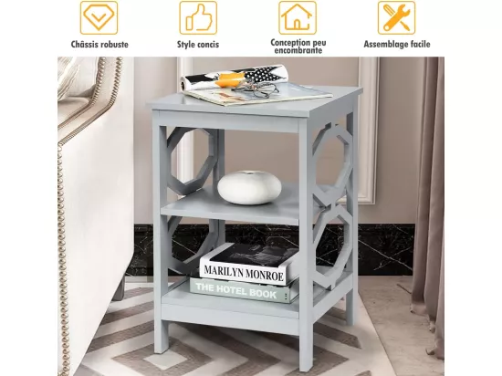 Lot de 2 Table de Chevet à 3 Niveaux, Table d'Appoint Chevet, Table Basse Simple et Contemporain, pour Chambre, Salon 40x40x61cm, Gris