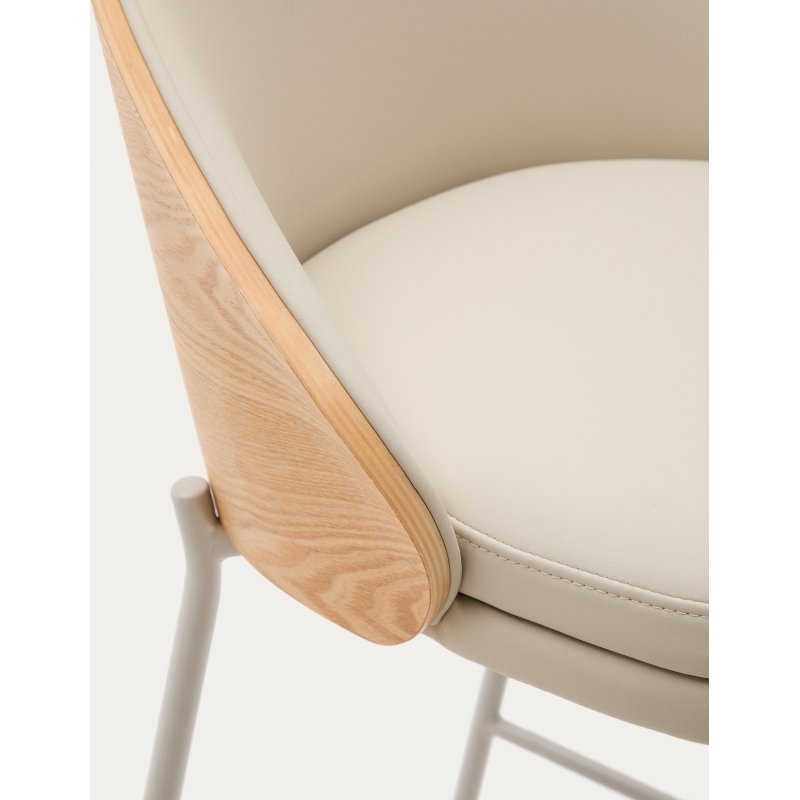 Tabouret Eamy en cuir synthétique beige, placage de frêne avec finition naturelle et métal hauteur 86 cm
