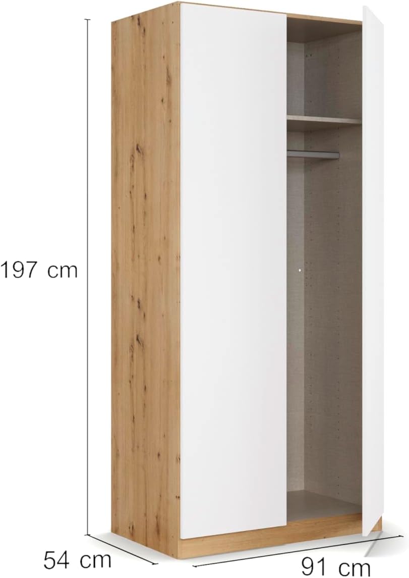 Rauch Möbel Nidda, Drehtürenschrank, Kleiderschrank weiß, Kleiderschränke, Garderobe, Schrank mit Stauraum, 2-türig, grifflos mit Push-to-Open-Funktion, Farbe Weiß-Eiche Artisan, Holz, 91x197x54cm
