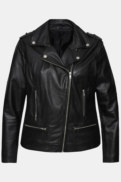 Leder-Bikerjacke, Kragen mit Druckknöpfen, Metallzipper