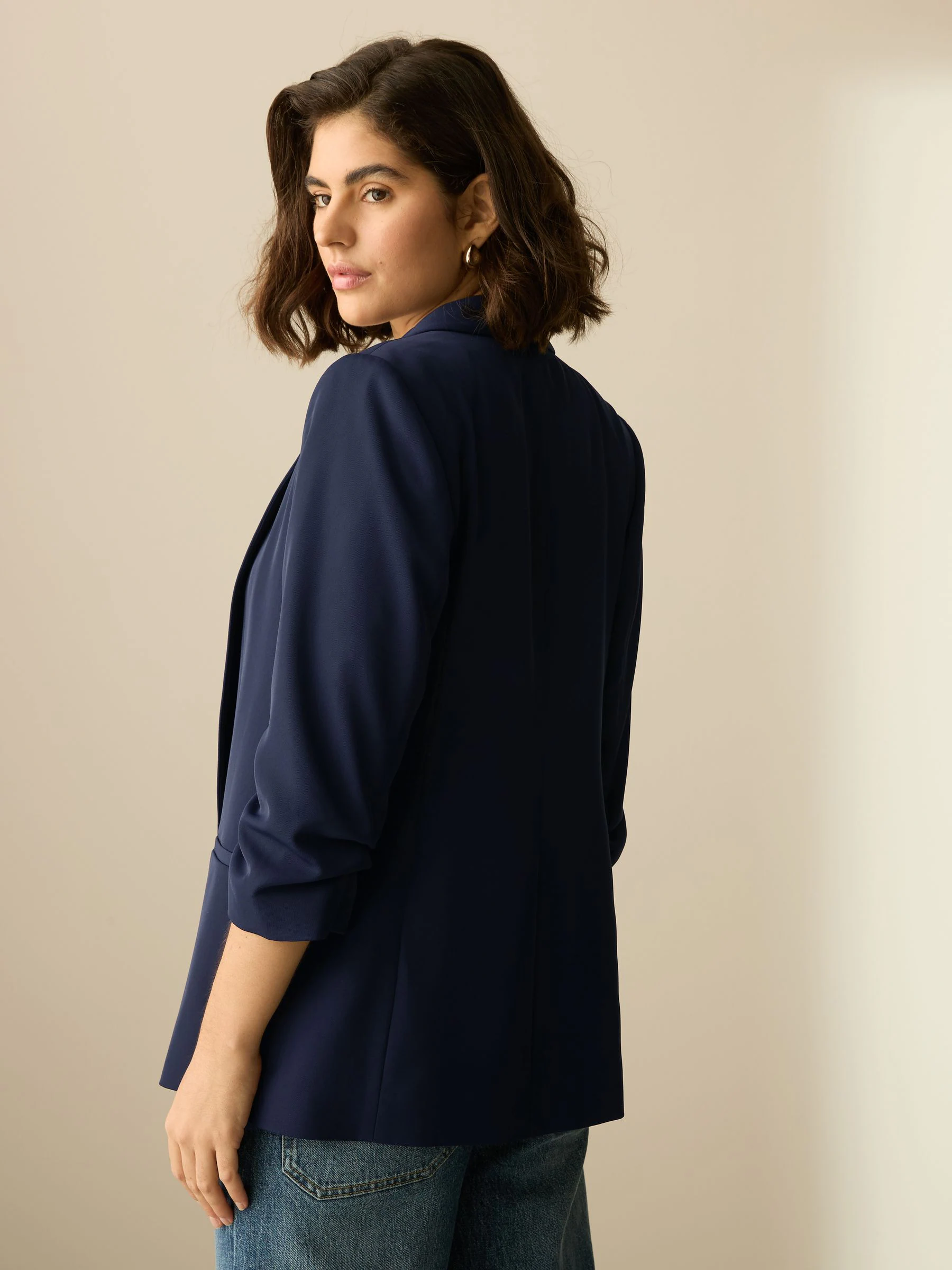 Donkerblauw - Ruimvallend blazer met gerimpelde mouwen