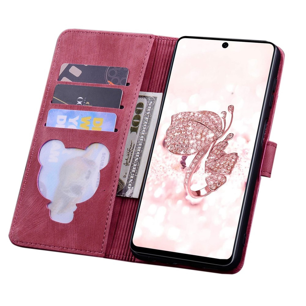 Samsung Galaxy S22 5G Leder Tasche Flip Cover Katze & Blumen Imprint - Rot