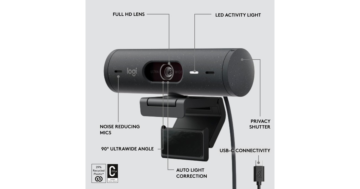 LogitechBrio 500 Full HD Webcam  (Zwart, 1080p/30fps, 720p/60fps)