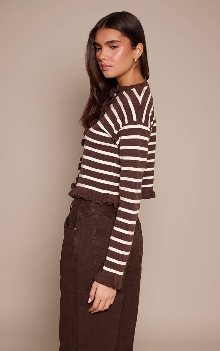 Chocolat Cardigan Tricoté À Rayures Avec Ourlet À Volants