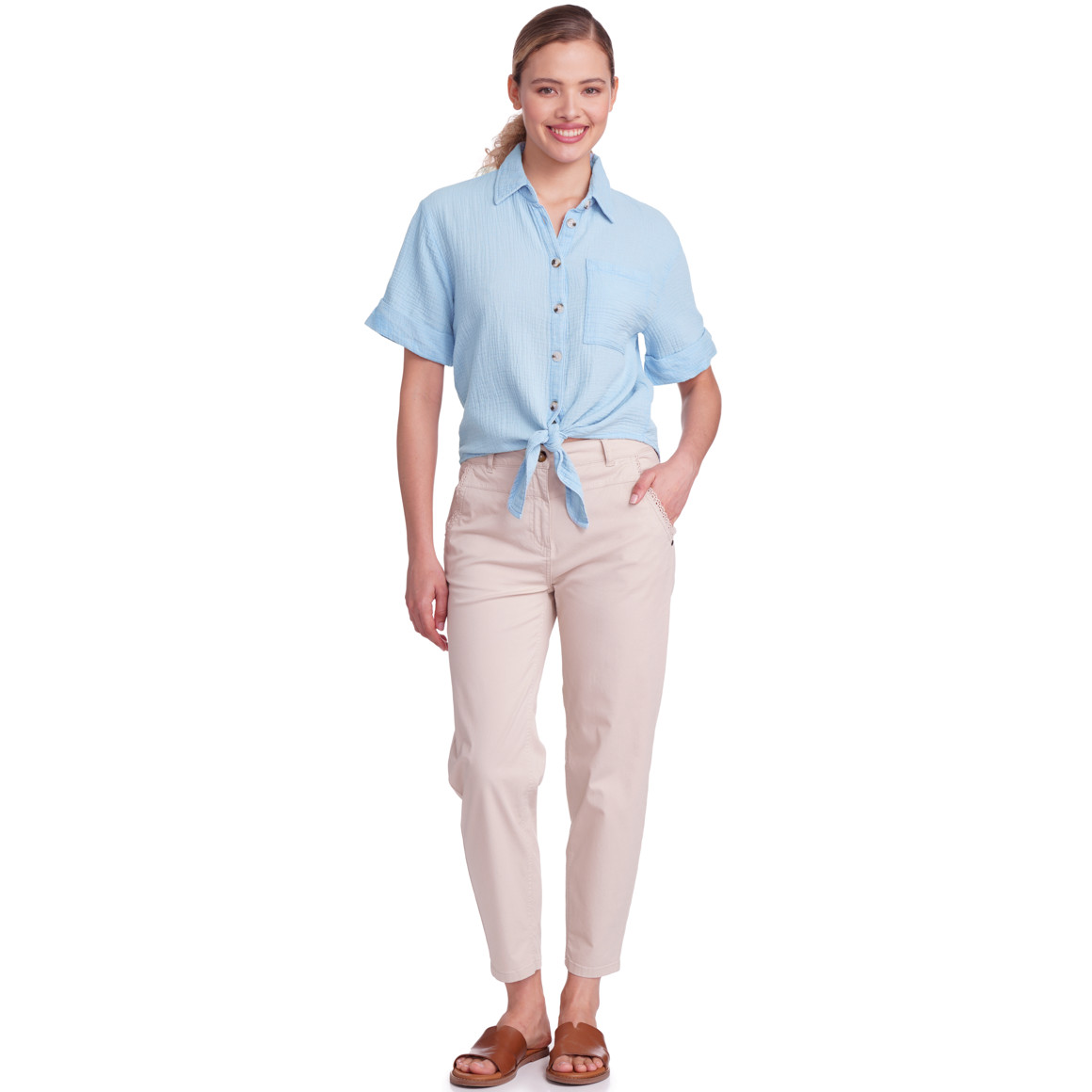 Gina Damen Musselin-Bluse mit Brusttasche hellblau