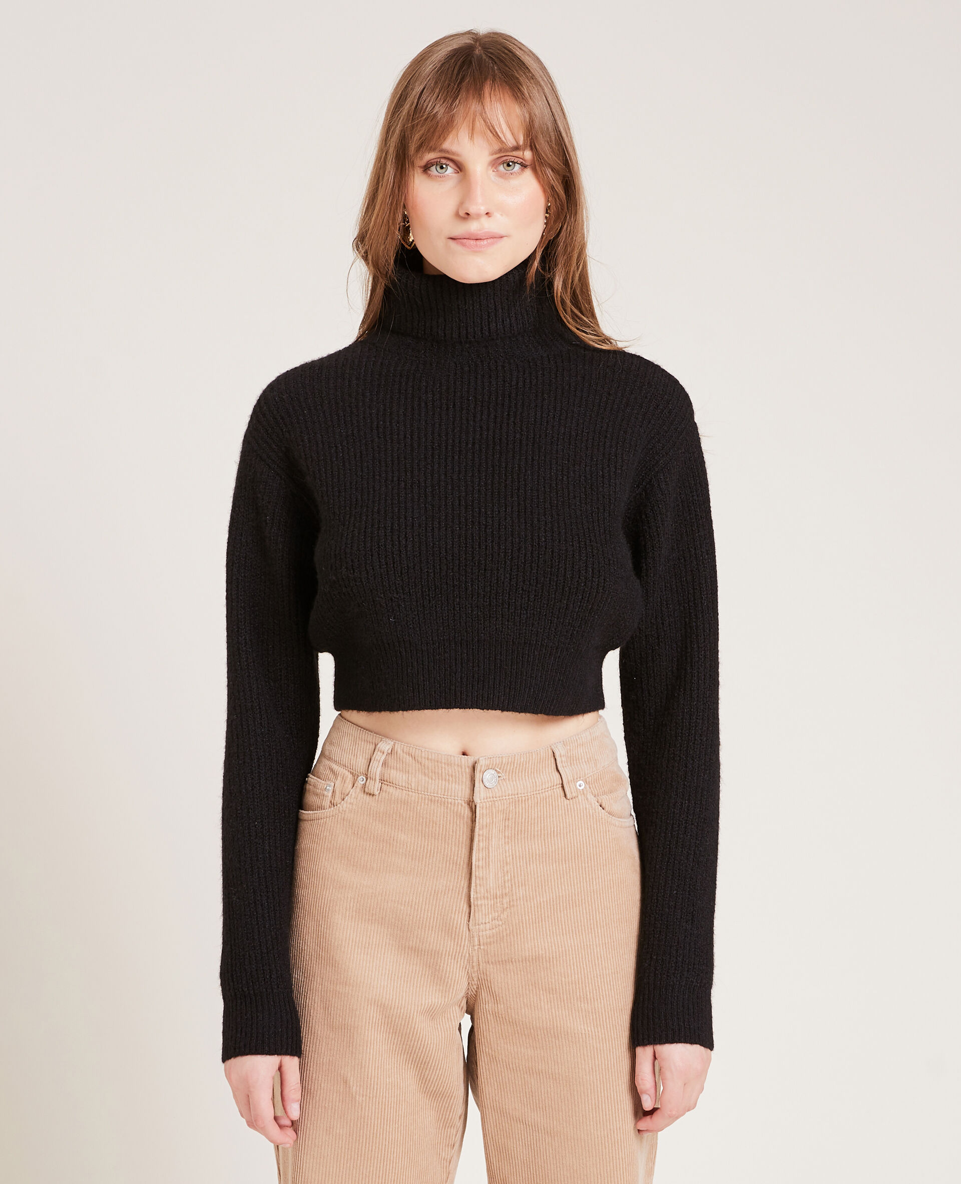 Pull cropped col roulé - Noir