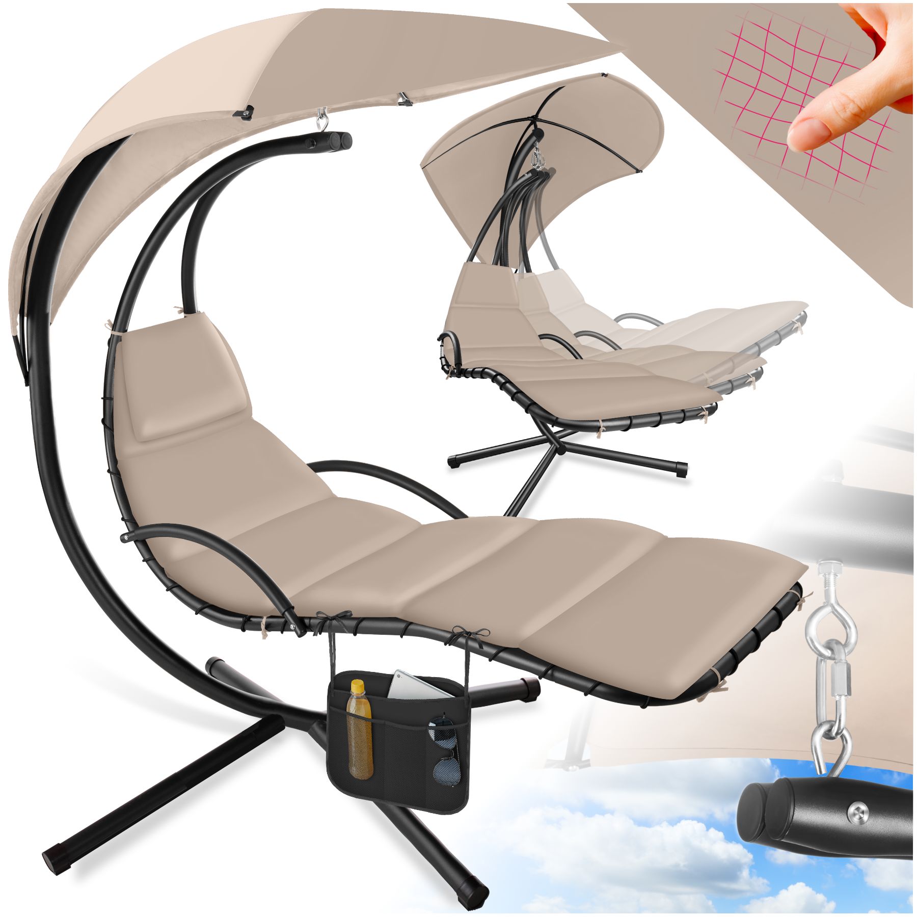 tectake® Hängeliege, großes Sonnendach mit UV-Schutz, ergonomisch, 195 x 132 x 197 cm, mit Seitentasche
