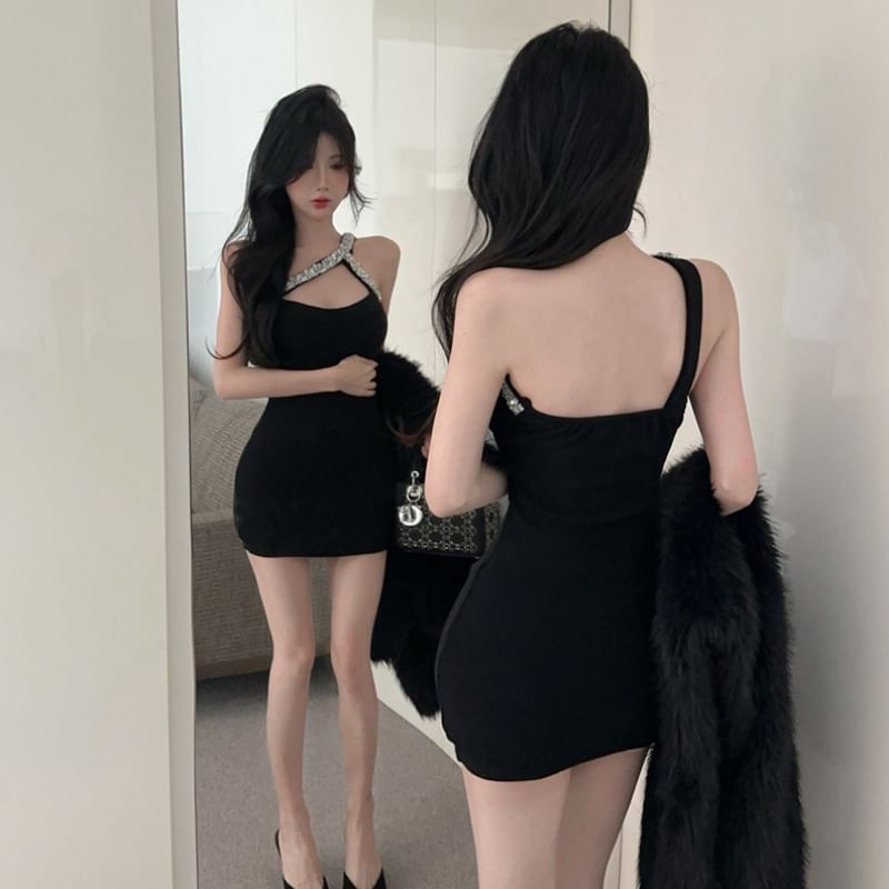 Dinse - Mouwloze, een-schouder, open rug en strass accent mini-bodyconjurk