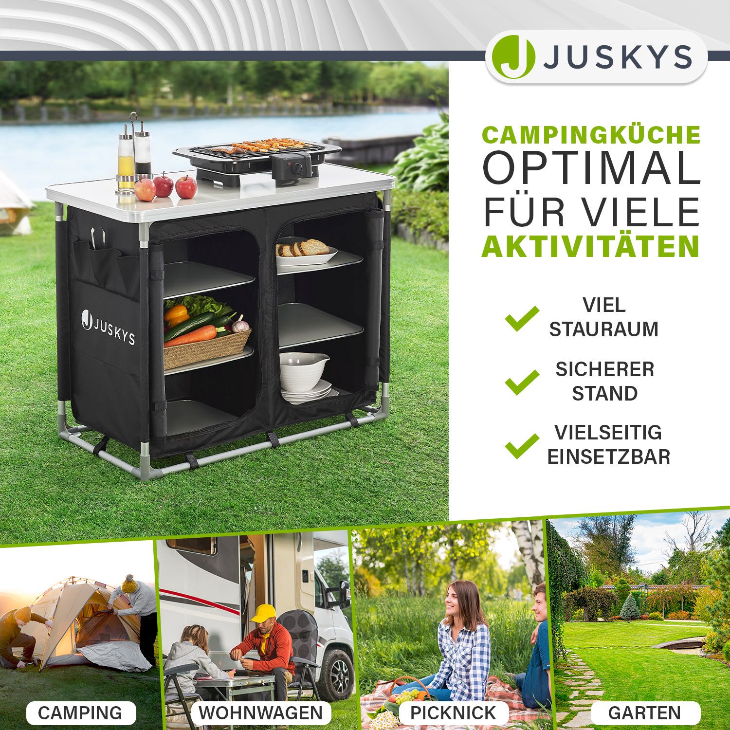 Juskys Campingküche Ruda - Outdoor Küche faltbar mit Schrank - Campingschrank für Zelt - Schwarz