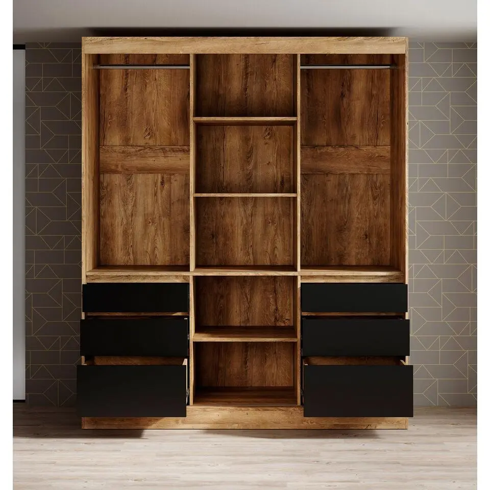 Meubella - Kledingkast Henry - Eiken - Zwart - 180 cm - Met spiegel