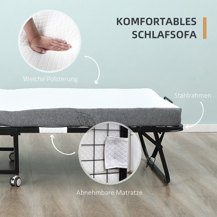 HOMCOM Klappbett mit Reißverschluss, 4 Universalrädern schwarz, weiß
