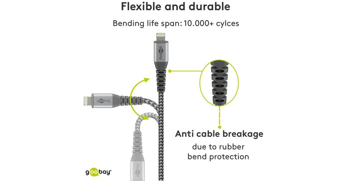 goobayLightning > USB-A textielkabel met metalen aansluitingen  (Grijs/zilver, 0,5 meter)