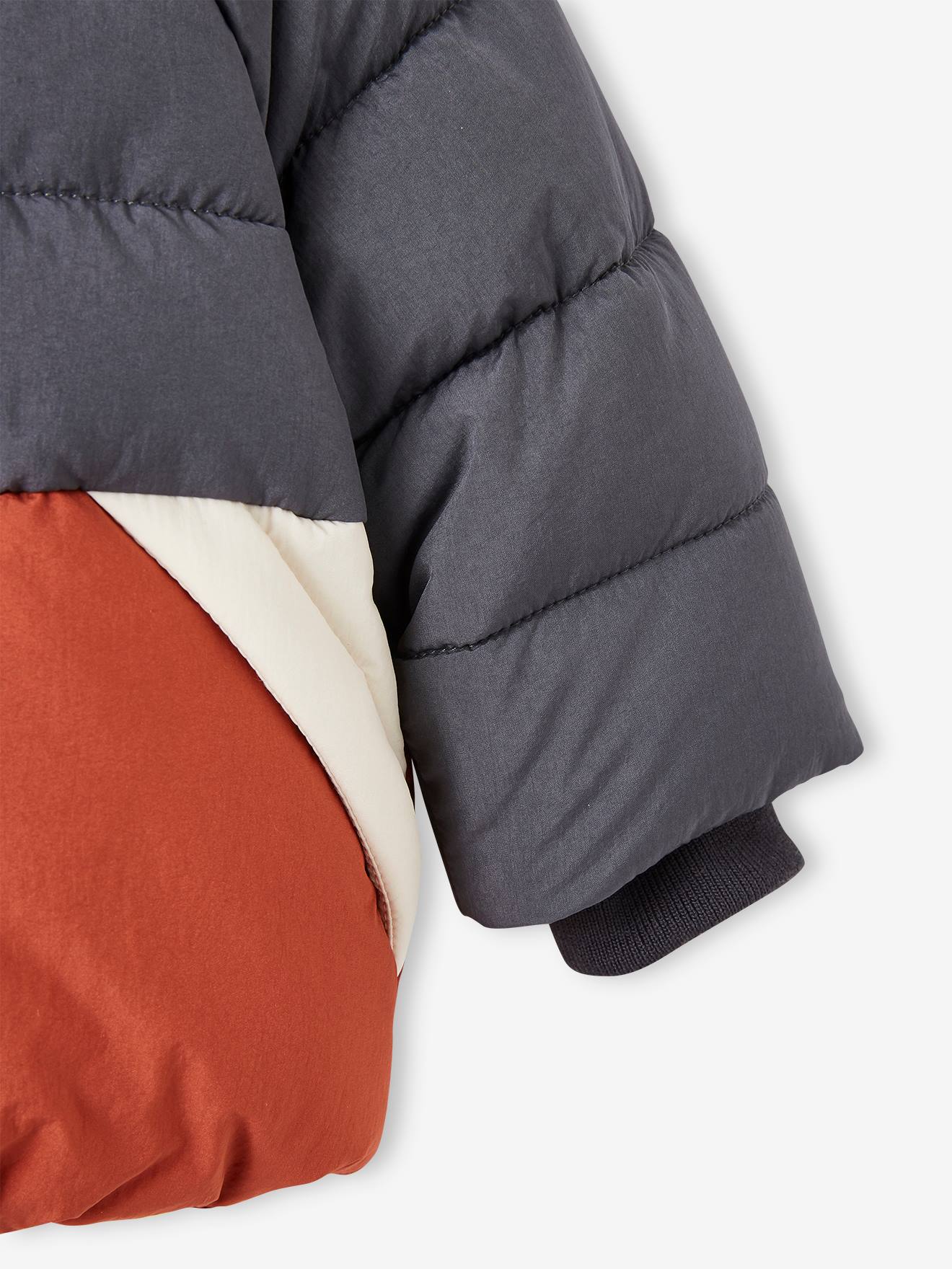 Jaqueta acolchoada colorblock com capuz para bebê, azul médio liso com estampas.