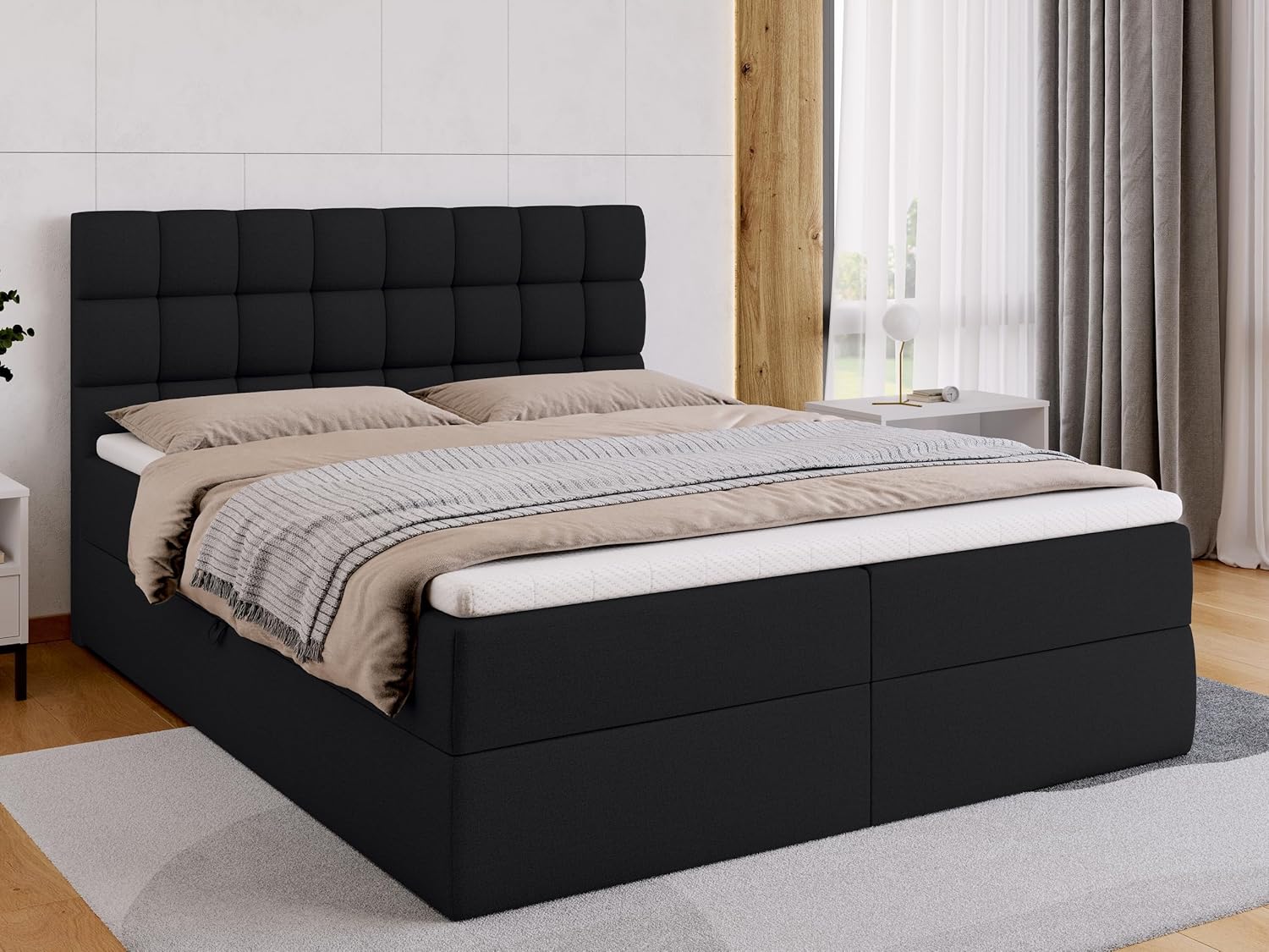 BROMARKT Boxspringbett mit Bettkasten Polsterbett mit Bonell-Matratze und Topper Bett für Schlafzimmer gepolstertes Kopfteil Dakota bonellfedern 160x200 Härtegrad H3 Schwarz