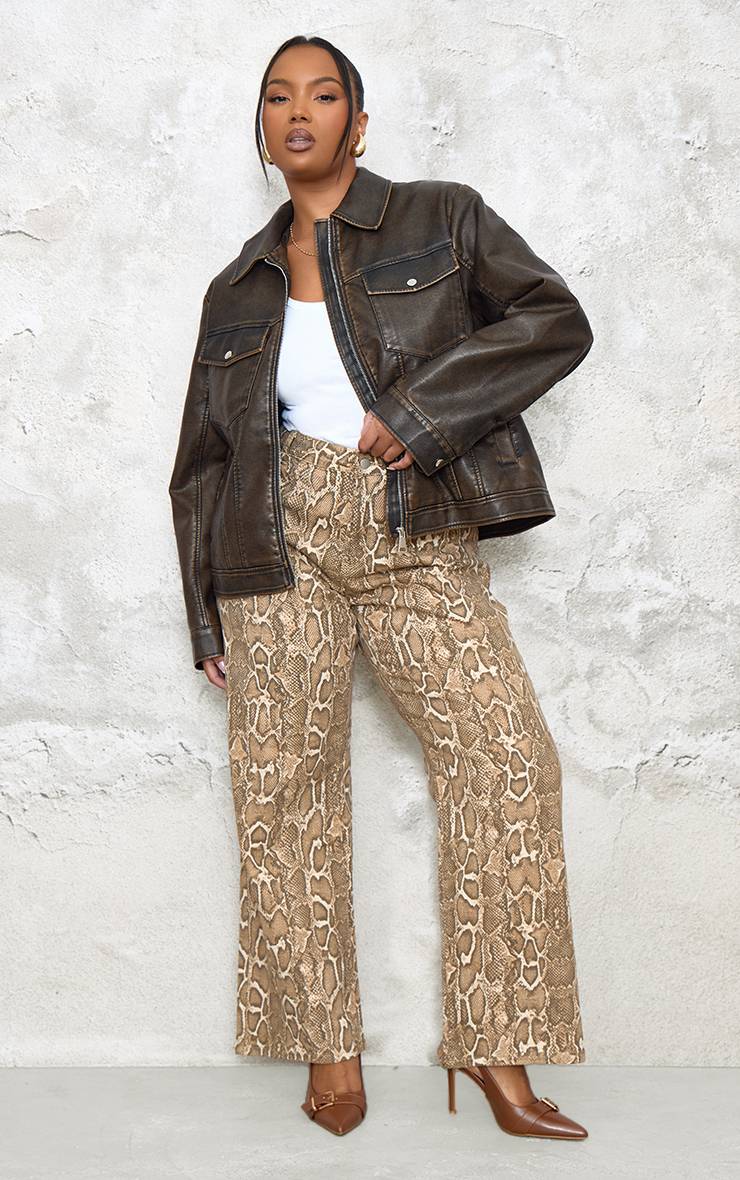 Marron Blouson Aviateur Grande Taille En Synthétiquecuir Effet Lavé Avec Poches Détaillées