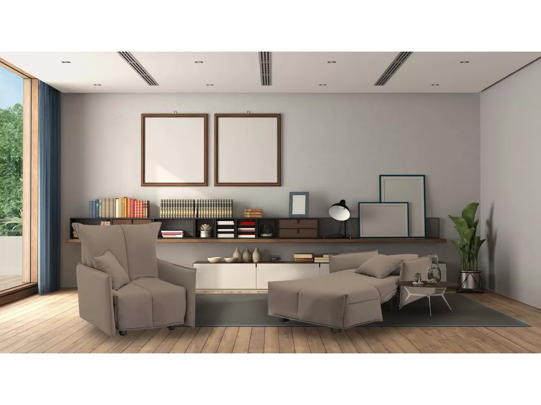 Canapé-lit Dabari, Canapé simple, 100% Made in Italy, Fauteuil de salon avec ouverture trolley, en tissu rembourré, avec accoudoirs standards, Cm 110x90h85, Taupe