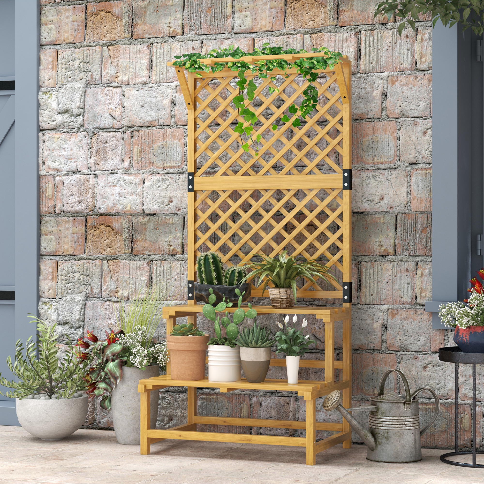Suporte de madeira para plantas Outsunny, suporte para vasos de flores de 2 níveis com treliça para jardim, pátio, terraço e varanda, 75x50x166 cm, natural.