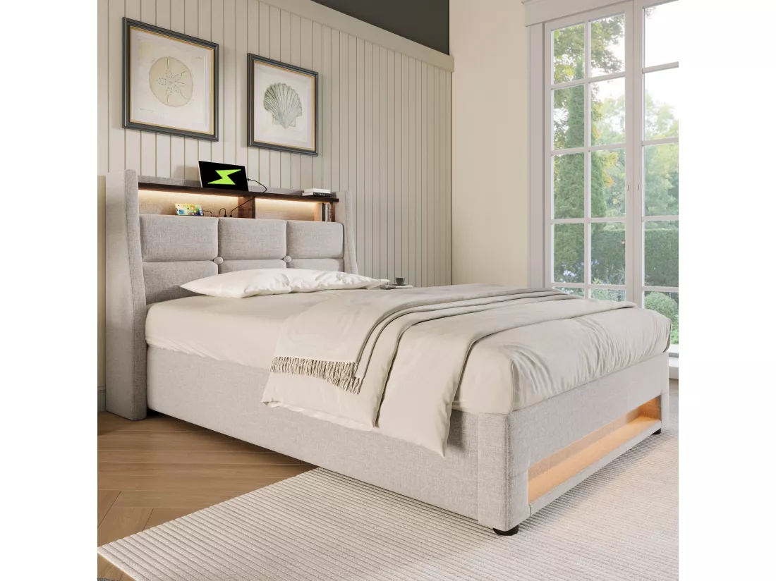 Lit coffre en lin 90x200cm avec LED et ports USB - sommier à lattes - beige